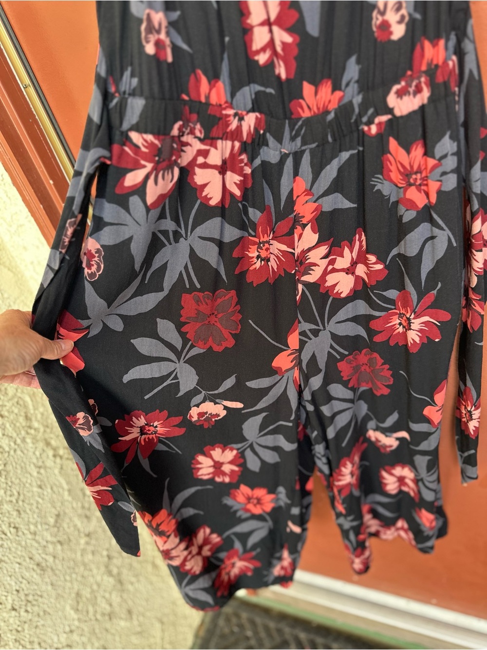 LOFT Black Whimsigoth Boho Jumpsuit with Red and Coral Floral Print - Picture 6 of 10